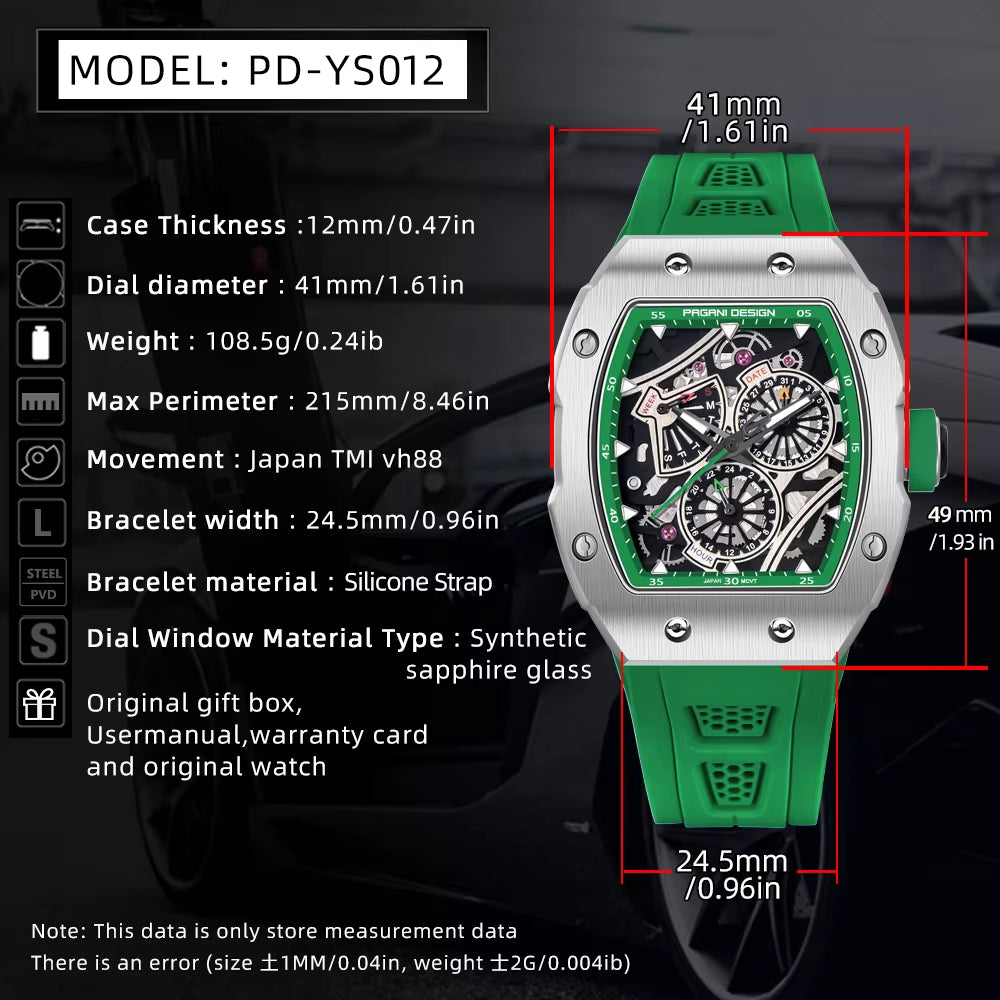 Skeleton Watch Sapphire YS012 Automatic Men’S Quartz Watch Silicone Square Clock Waterproof Relogio Masculino