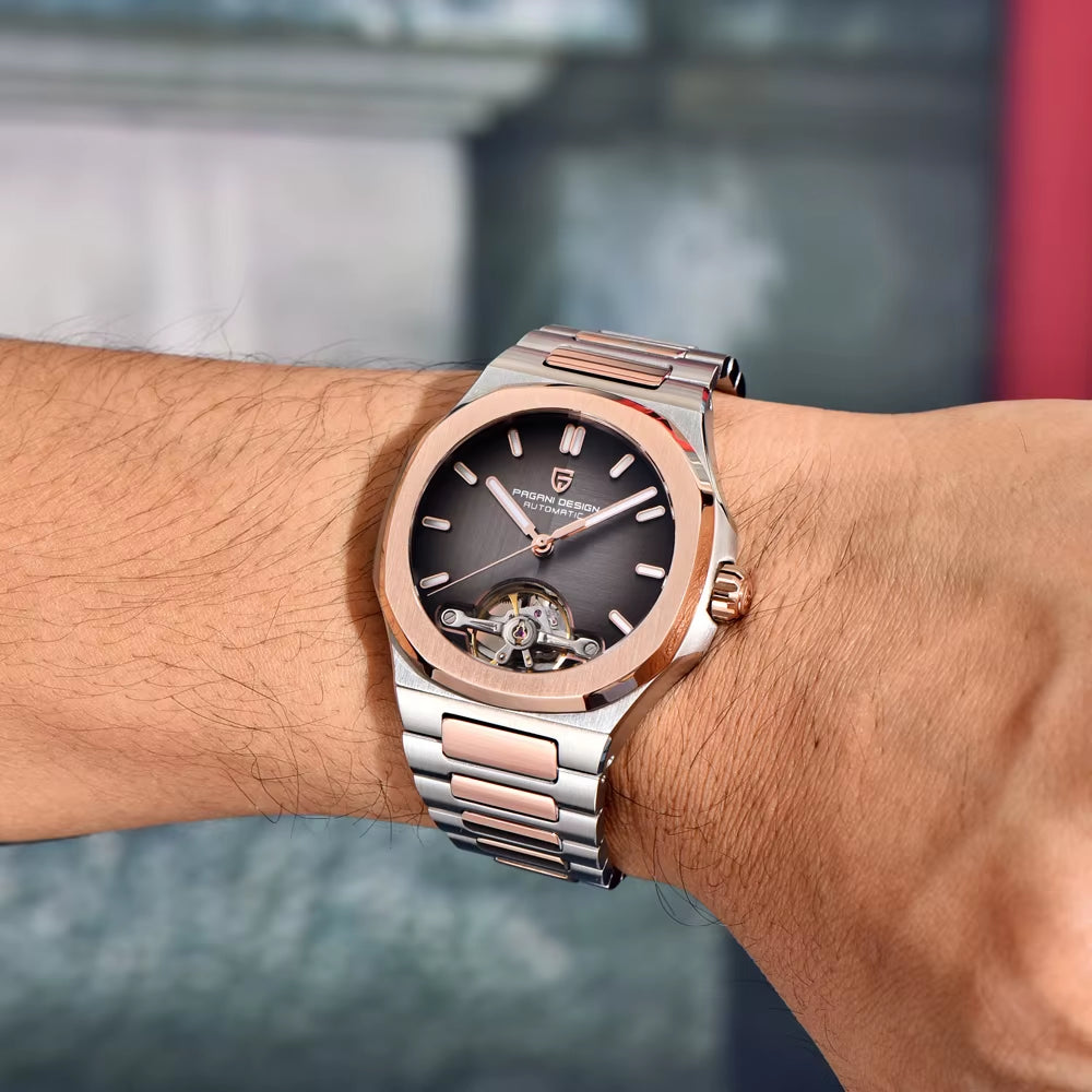 Tourbillon Men'S Watches Rose Gold Top Luxury Automatic Watch for Men Mechanical Wristwatches AR Sapphire Luminous