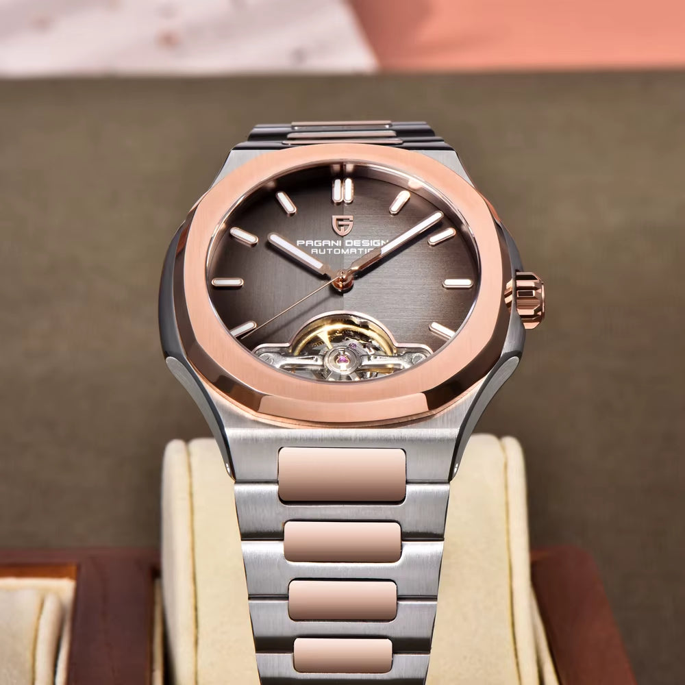 Tourbillon Men'S Watches Rose Gold Top Luxury Automatic Watch for Men Mechanical Wristwatches AR Sapphire Luminous